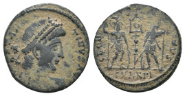 Constans. (346-349 AD). Æ Follis. Nicomedia. Obv: DN FL CONSTANS PF AVG. pearl-diademed bust of Constans right. Rev: GLORIA EXERCITVS. two soldiers ho...