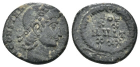 Constans. (347-348 AD). Æ Follis. Antioch. Obv: D N CONSTANS P F AVG. pearl-diademed bust of Constans right. Rev: VOT / XX / MVLT / XXX. In wreath. We...