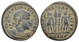 Constantinus I. (306-337 AD). Æ Follis. Antioch. Obv: CONSTANTINVS MAX AVG. pearl-diademed bust of Constantinus I. right. Rev: GLORIA EXERCITVS. two s...