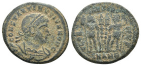 Constantinus I. (306-337 AD). Æ Follis. Antioch. Obv: CONSTANTINVS MAX AVG. pearl-diademed bust of Constantinus I. right. Rev: GLORIA EXERCITVS. two s...