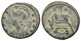 Constantinus I. (306-337 AD). Æ Follis. Antioch. Obv: VRBS ROMA. helmeted bust of Constantinus I. left. Rev: Romulus and Remus. Weight 3.16 gr - Diame...