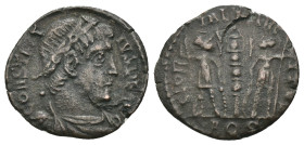 Constantinus I. (307-337 AD). Æ Follis. Antioch. Obv: CONSTANTINVS NOB C. diademed bust of Constantinus I. right. Rev: GLORIA EXERCITVS. two soldiers ...