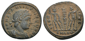 Constantinus I. (307-337 AD). Æ Follis. Antioch. Obv: CONSTANTINVS NOB C. diademed bust of Constantinus I. right. Rev: GLORIA EXERCITVS. two soldiers ...