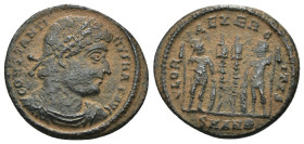 Constantinus I. (307-337 AD). Æ Follis. Antioch. Obv: CONSTANTINVS NOB C. diademed bust of Constantinus I. right. Rev: GLORIA EXERCITVS. two soldiers ...