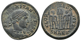 Constantinus I. (307-337 AD). Æ Follis. Antioch. Obv: CONSTANTINVS NOB C. diademed bust of Constantinus I. right. Rev: GLORIA EXERCITVS. two soldiers ...