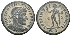 Constantinus I. (307-337 AD). Æ Follis. Antioch. Obv: CONSTANTINVS NOB C. diademed bust of Constantinus I. right. Rev: GLORIA EXERCITVS. two soldiers ...