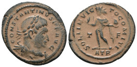 Constantinus I. (307-337 AD). Follis. Antioch. Obv: CONSTANTINVS AVG. laureate bust of Constantinus left. Rev: SOL INVICTO COMITI. Sol standing left h...