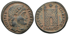 Constantinus I. (307-337 AD). Follis. Antioch. Obv: CONSTANTINVS AVG. laureate bust of Constantinus right. Rev: PROVIDENTIAE AVGG. Campgate with two t...