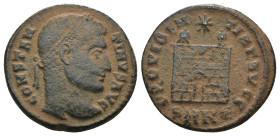 Constantinus I. (307-337 AD). Follis. Antioch. Obv: CONSTANTINVS AVG. laureate bust of Constantinus right. Rev: PROVIDENTIAE AVGG. Campgate with two t...