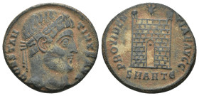 Constantinus I. (307-337 AD). Follis. Antioch. Obv: CONSTANTINVS AVG. laureate bust of Constantinus right. Rev: PROVIDENTIAE AVGG. Campgate with two t...