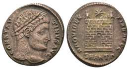 Constantinus I. (307-337 AD). Follis. Antioch. Obv: CONSTANTINVS AVG. laureate bust of Constantinus right. Rev: PROVIDENTIAE AVGG. Campgate with two t...