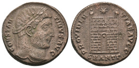 Constantinus I. (307-337 AD). Follis. Antioch. Obv: CONSTANTINVS AVG. laureate bust of Constantinus right. Rev: PROVIDENTIAE AVGG. Campgate with two t...