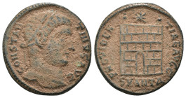 Constantinus I. (307-337 AD). Follis. Antioch. Obv: CONSTANTINVS AVG. laureate bust of Constantinus right. Rev: PROVIDENTIAE AVGG. Campgate with two t...