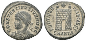 Constantinus I. (307-337 AD). Follis. Antioch. Obv: CONSTANTINVS NOB C. laureate bust of Constantinus left. Rev: PROVIDENTIAE CAESS. Campgate with two...