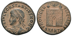 Constantinus I. (307-337 AD). Follis. Antioch. Obv: CONSTANTINVS NOB C. laureate bust of Constantinus left. Rev: PROVIDENTIAE CAESS. Campgate with two...