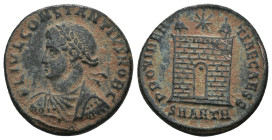 Constantinus I. (307-337 AD). Follis. Antioch. Obv: CONSTANTINVS NOB C. laureate bust of Constantinus left. Rev: PROVIDENTIAE CAESS. Campgate with two...