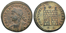 Constantinus I. (307-337 AD). Follis. Antioch. Obv: CONSTANTINVS NOB C. laureate bust of Constantinus left. Rev: PROVIDENTIAE CAESS. Campgate with two...