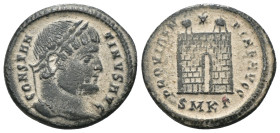 Constantinus I. (307-337 AD). Follis. Cyzicus. Obv: CONSTANTINVS AVG. laureate bust of Constantinus right. Rev: PROVIDENTIAE AVGG. Campgate with two t...