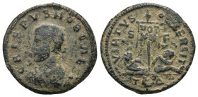 Constantinus I. (307-337 AD). Follis. Obv: CONSTANTINVS AVG. draped bust of Constantinus left. Rev: VICTORIAE LAETAE PRINC PERP. trophy inscribed VOT ...