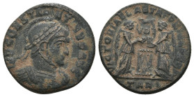 Constantinus I. (307-337 AD). Follis. Obv: CONSTANTINVS AVG. helmeted bust of Constantinus holding spear right. Rev: VICTORIAE LAETAE PRINC PERP. two ...