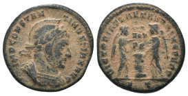 Constantinus I. (307-337 AD). Follis. Obv: CONSTANTINVS AVG. helmeted bust of Constantinus holding spear right. Rev: VICTORIAE LAETAE PRINC PERP. two ...