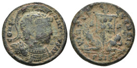 Constantinus I. (307-337 AD). Follis. Obv: CONSTANTINVS AVG. helmeted bust of Constantinus holding spear right. Rev: VICTORIAE LAETAE PRINC PERP. two ...