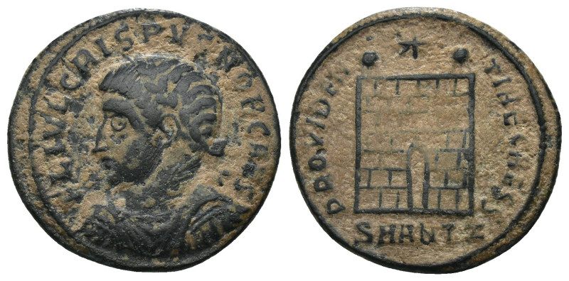 Crispus. (316-326 AD). Follis. Antioch. Obv: FL IVL CRISPVS NOB CS. laureate bus...