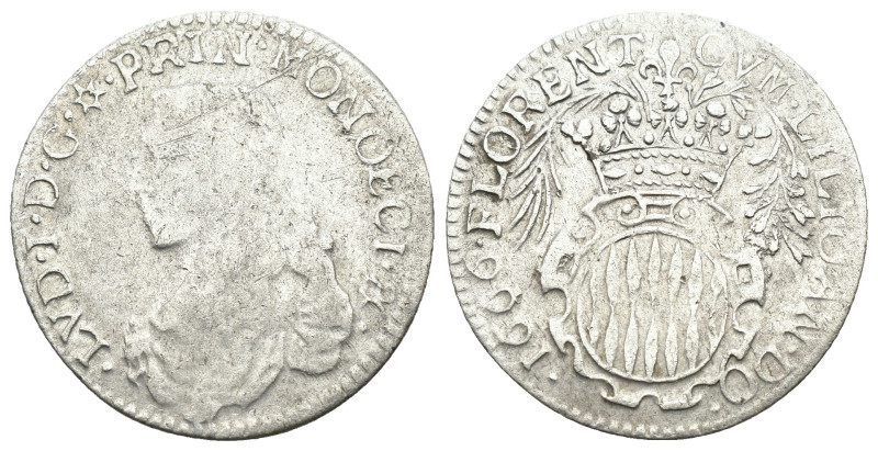 Monaco. Louis I. (1666 AD) AR 1/12 Ecu. Obv: bust of Louis left. Rev: crowned ro...