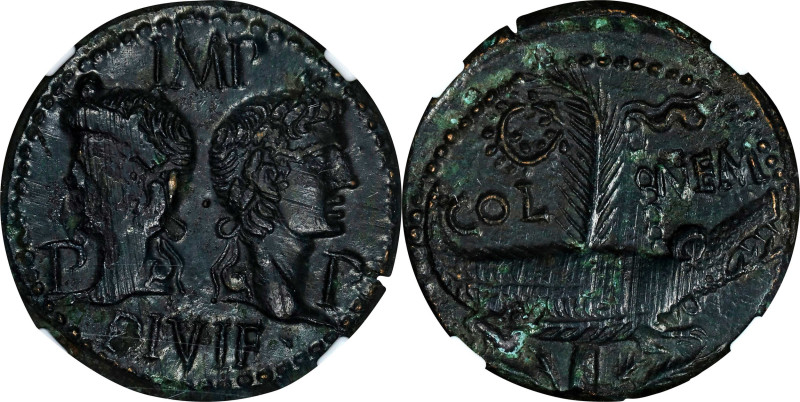 AUGUSTUS with AGRIPPA, 27 B.C.- A.D. 14. Gaul, Nemausus. AE Dupondius (13.05 gms...