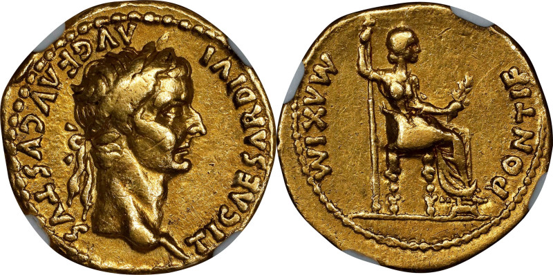 TIBERIUS, A.D. 14-37. AV Aureus (7.76 gms), Lugdunum Mint, A.D. 36-37. NGC Ch VF...