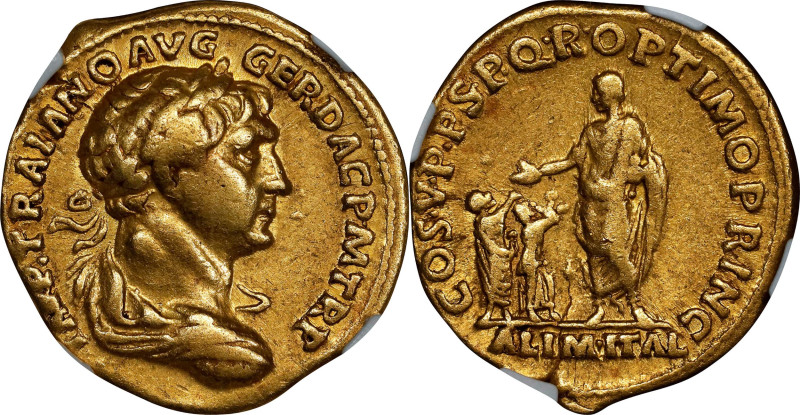 TRAJAN, A.D. 98-117. AV Aureus (7.21 gms), Rome Mint, A.D. 111. NGC VF, Strike: ...