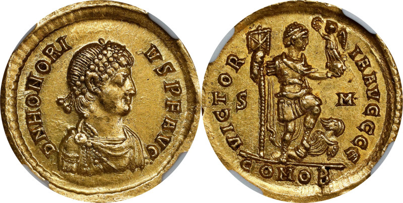 HONORIUS, A.D. 393-423. AV Solidus (4.46 gms), Sirmium Mint, 5th Officina, A.D. ...