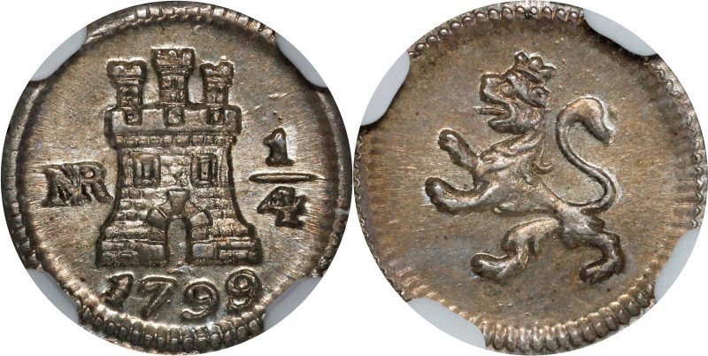 COLOMBIA. 1/4 Real, 1799/8-NR. Santa Fe de Nuevo Reino (Bogota) Mint. Charles IV...