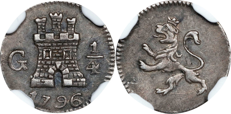 GUATEMALA. 1/4 Real, 1796-G. Nueva Guatemala Mint. Charles IV. NGC AU-55.
EMO-3...