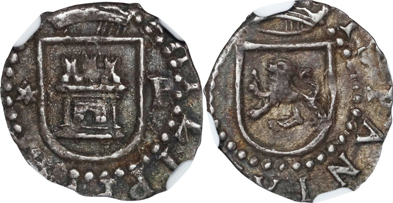 PERU. Cob 1/4 Real, ND (ca. 1577-88)-★ P. Lima Mint. Philip II. NGC AU-58.
EMO-...