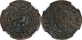 PHILIPPINES. Quarto, 1807-M F. Manila Mint. Charles IV. NGC VF Details--Corrosion.
EMO-554 (Plate coin); KM-6; Cal-16. Inverted castle and line in sh...