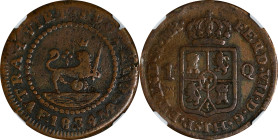 PHILIPPINES. Quarto, 1834-MA F. Manila Mint. Ferdinand VII. NGC VF-30.
EMO-572.2 (Plate coin); KM-10; Cal-99. Posthumous issue struck under Isabel II...