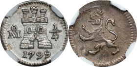 MEXICO. 1/4 Real, 1799/8-Mo. Mexico City Mint. Charles IV. NGC MS-62.
EMO-617.3 (Plate coin); KM-62; Cal-126. Variety with "79" slanted slightly to t...