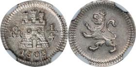 MEXICO. 1/4 Real, 1803-Mo. Mexico City Mint. Charles IV. NGC MS-63.
EMO-621.1 (Plate coin); KM-62; Cal-133. A flashy Choice exemplar, struck on a ful...