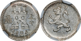 MEXICO. 1/4 Real, 1805-Mo. Mexico City Mint. Charles IV. NGC MS-62.
EMO-623.2 (Plate coin); KM-62; Cal-136. An incredibly brilliant and argent minor,...