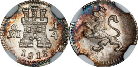 MEXICO. 1/4 Real, 1813-Mo. Mexico City Mint. Ferdinand VII. NGC MS-65+.
EMO-631.2 (Plate coin); Cal-62; Cal-279. Variety with left side of date very ...