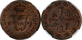 MEXICO. 1/4 Tlaco (1/8 Real), 1814-Mo. Mexico City Mint. Ferdinand VII. NGC MS-63 Brown.
EMO-643.1 (Plate coin); KM-63; Cal-106. A well-produced exam...