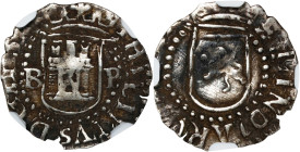 BOLIVIA. Cob 1/4 Real, ND (ca. 1578-82)-B P. Potosi Mint. Philip II. NGC EF-40.
EMO-710 (Plate coin); KM-B1; Cal-108. Weight: 0.78 gms. Assayer Juan ...