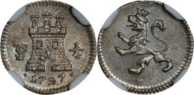 BOLIVIA. 1/4 Real, 1797-PTS. Potosi Mint. Charles IV. NGC MS-65.
EMO-737.1 (Plate coin); KM-82; Cal-144. Variety with date closer to castle base. An ...