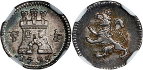 BOLIVIA. 1/4 Real, 1799-PTS. Potosi Mint. Charles IV. NGC MS-62.
EMO-739.1 (Plate coin); KM-82; Cal-147. Variety with long-tongued lion. A fresh and ...