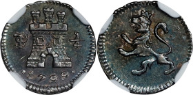 BOLIVIA. 1/4 Real, 1799-PTS. Potosi Mint. Charles IV. NGC AU-58.
EMO-739.2 (Plate coin); KM-82; Cal-147. Variety with short-tongued lion. Nearly Mint...