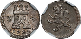 BOLIVIA. 1/4 Real, 1799-PTS. Potosi Mint. Charles IV. NGC AU-58.
EMO-739.7 (Plate coin); KM-82; Cal-147. Variety with widely-spaced date. A well-prod...