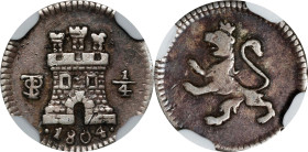 BOLIVIA. 1/4 Real, 1804-PTS. Potosi Mint. Charles IV. NGC VF-35.
EMO-744.2 (Plate coin); KM-82; Cal-154. Variety with tip of "4" touching base of cas...