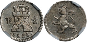 BOLIVIA. 1/4 Real, 1806-PTS. Potosi Mint. Charles IV. NGC AU-53.
EMO-746 (Plate coin); KM-82; Cal-156. A pleasing example with argent, lustrous surfa...