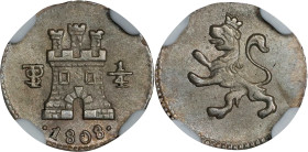 BOLIVIA. 1/4 Real, 1808-PTS. Potosi Mint. Charles IV. NGC MS-63.
EMO-748.1 (Plate coin); KM-82; Cal-158. A Choice Cuartillo with sharp detail and nic...